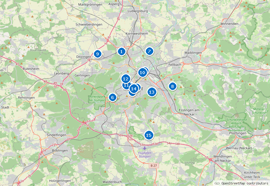 Mappa di Stoccarda con i luoghi numerati