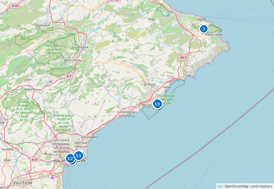 Mappa di Alicante con i luoghi numerati