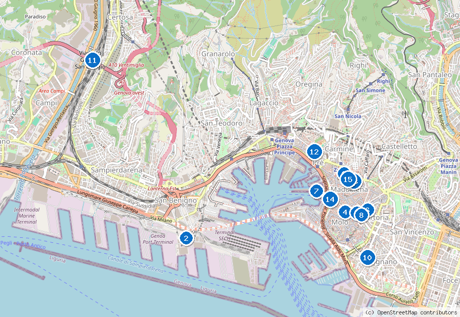 Mappa di Genova con i luoghi numerati