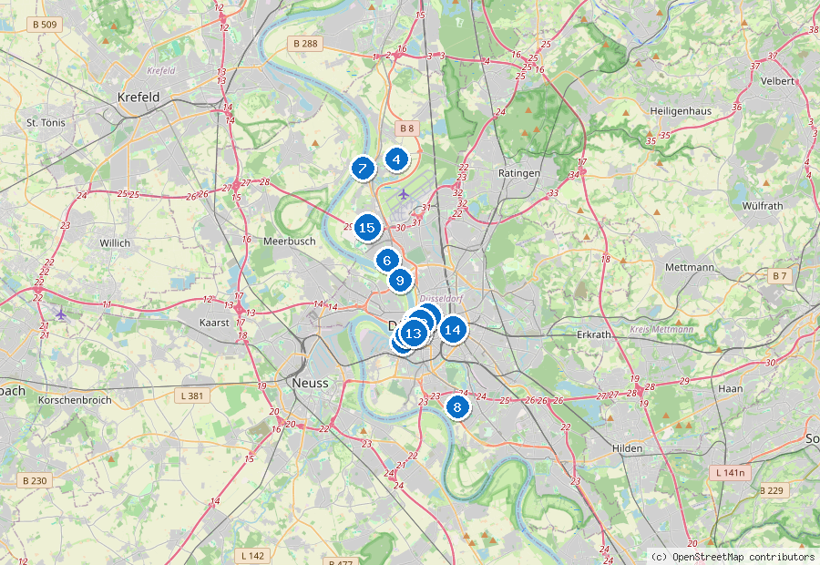 Mappa di Düsseldorf con i luoghi numerati