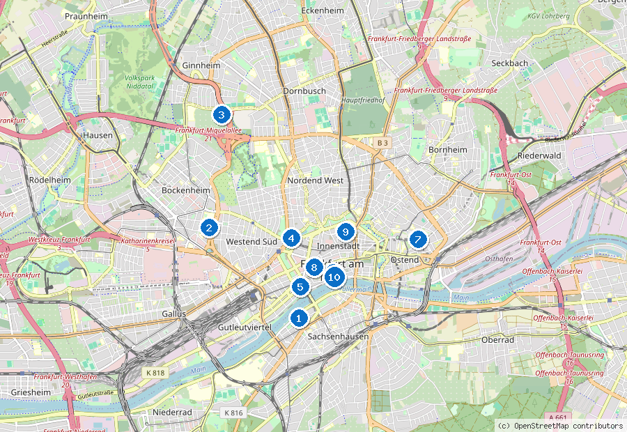 Mappa di Francoforte sul Meno con i luoghi numerati