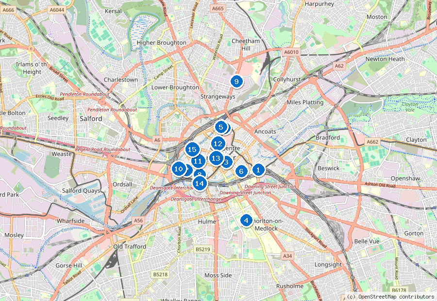 Mappa di Manchester con i luoghi numerati