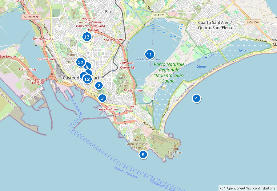 Mappa di Cagliari con i luoghi numerati