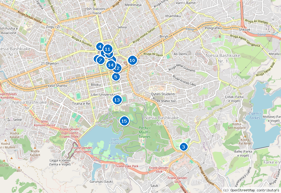 Mappa di Tirana con i luoghi numerati