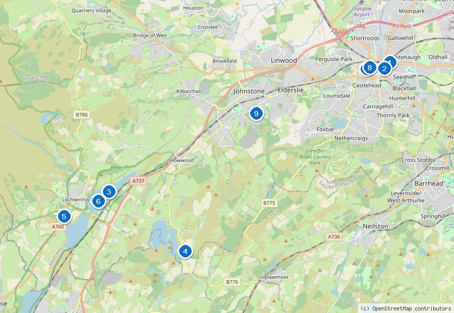 Mappa di Renfrewshire con i luoghi numerati