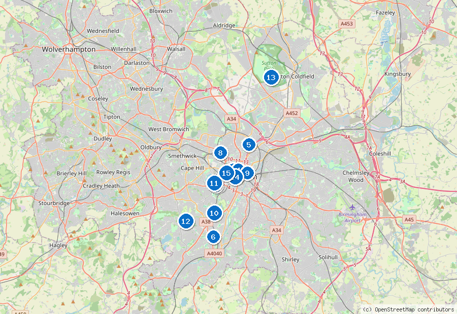 Mappa di Birmingham con i luoghi numerati