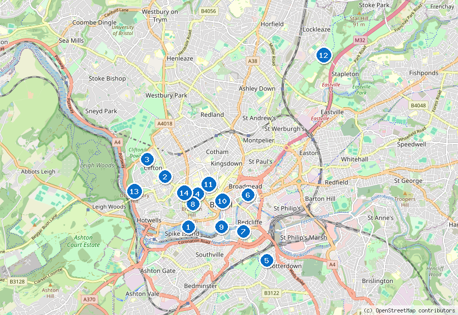 Mappa di Bristol con i luoghi numerati