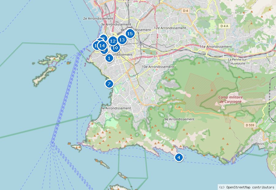 Mappa di Marsiglia con i luoghi numerati