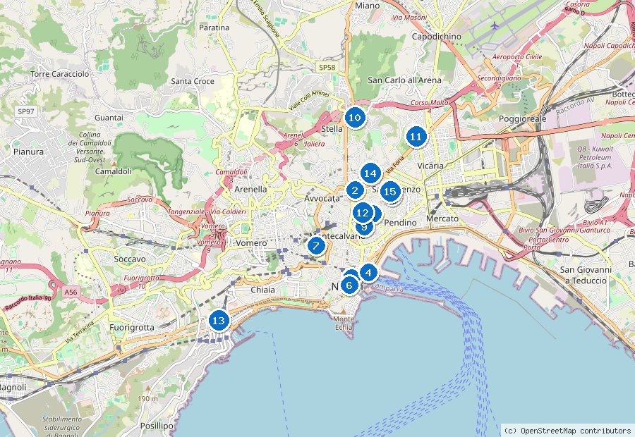 Mappa di Napoli con i luoghi numerati