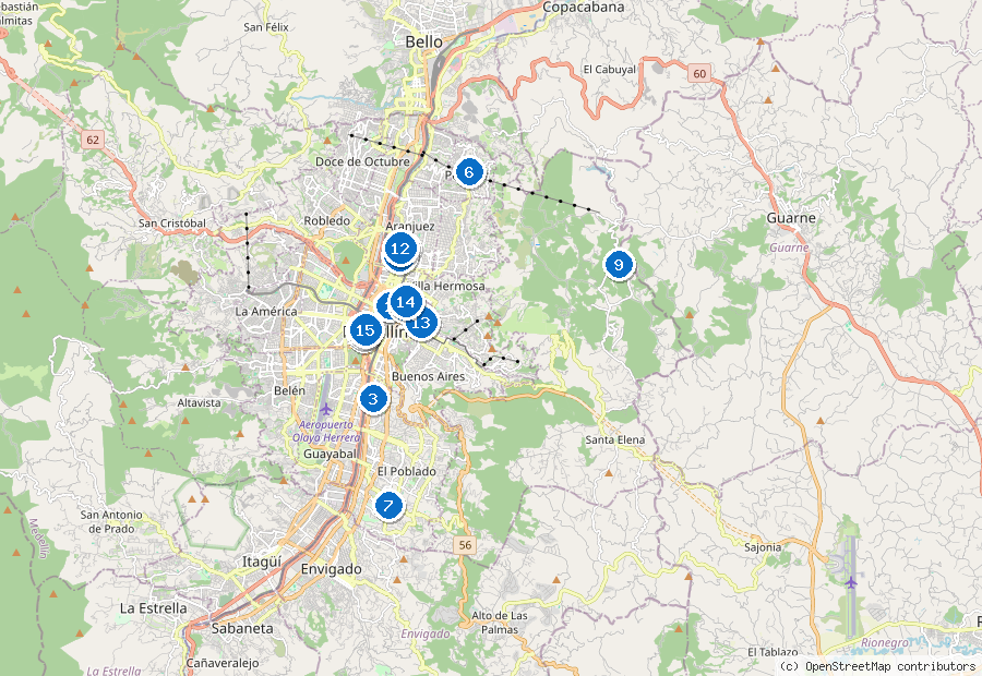 Mappa di Medellín con i luoghi numerati
