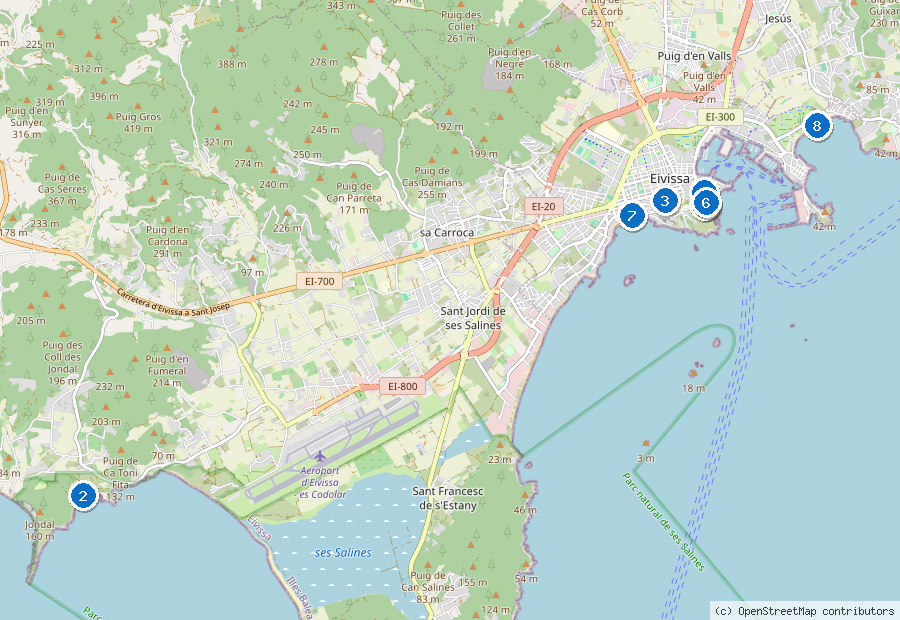 Mappa di Ibiza con i luoghi numerati