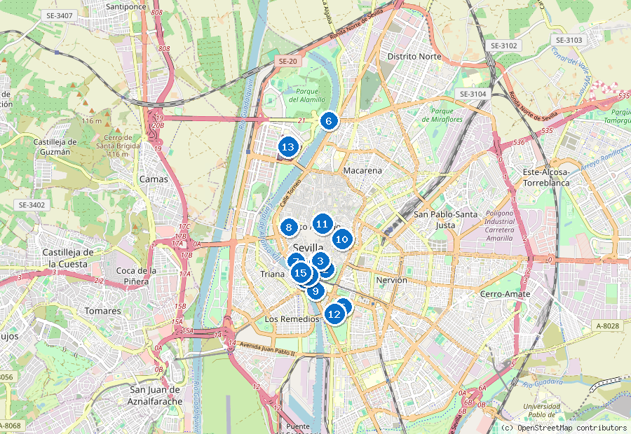 Mappa di Siviglia con i luoghi numerati